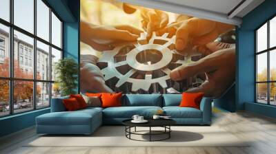 Settings, gear icon and teamwork with business people or team together for collaboration and synergy with cog wheel strategy. Office group hands for problem solving, innovation and development. Wall mural