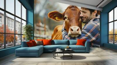 Veterinarian man with ultrasound device hugs cow pregnant on farm. Concept love to animals and health care for cattle, artificial insemination. Wall mural