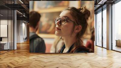 Young woman with glasses in an art museum, thoughtfully gazing at a painting, with other visitors in the background for Museum Day Wall mural