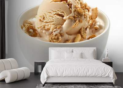  A bowl with a single large scoop of Honey Ice cream with Kellogg's Honey Smacks Cereal pieces mixed in, in a clean white ceramic bowl on a white background, 120mm, f16, studio li Wall mural