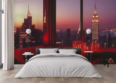 A bar in the penthouse of an apartment on the top floor, with red lighting, the New York City skyline visible through the window, a luxurious interior design in an 80s decor magazine style, featuring Wall mural