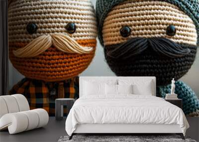 Highly detailed photo of two crotchet dolls with a white background, one doll has a bald head with a blonde beard and a flannel shirt, the other doll is white with short black hair with a short black  Wall mural