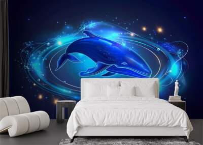 logo Saturn shines brightly with a small whale in blue graphic swimming. Wall mural