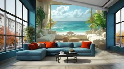 Luxury interior hotel room in the tropical country with sea view with palm tree. Wall mural