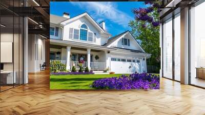 Photo of a beautiful white house with a front porch and lawn Wall mural