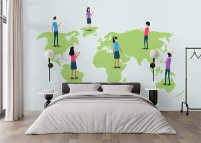 people of the world who are saving the earth from coronavirus (covid-19) is an infectious disease. they are using white medical face mask. standing on continent. multiethnic group. vector graphic Wall mural