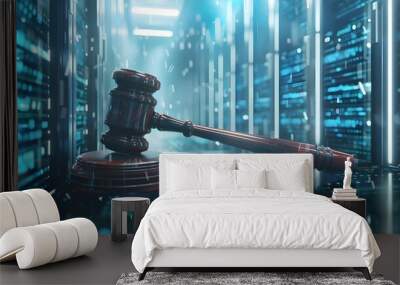 Judge gavel on background of data center. Digital law concept of duality of Judiciary, Jurisprudence and Justice and data in the modern world. Make a copy of space. Using generative AI as a basis Wall mural