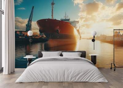 Cargo Ship Docked at Harbor During Golden Sunset Wall mural