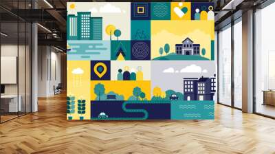 Lifestyle in the city landscape, health, and environment concept. Vector Illustration of geometric flat design with the simple cityscape. Wall mural