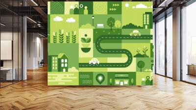 Lifestyle in the green city concept. Urban landscape with geometric flat design. Vector illustration of the simple cityscape environment. Wall mural