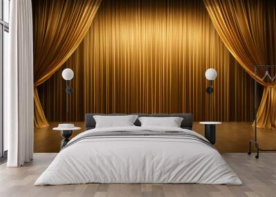 Gold curtains and wooden floor Golden stage concept of exclusivity Wall mural