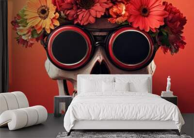 A colorful skull adorned with a floral crown and wearing stylish glasses against a vibrant red background. Wall mural