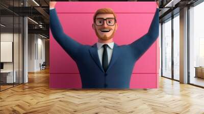 A joyful cartoonish character in a suit raises arms in celebration against a vibrant pink and blue backdrop. Wall mural