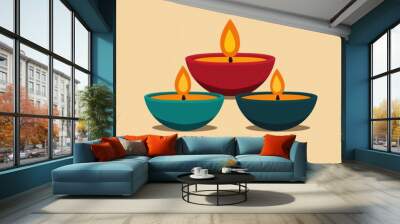 Colorful oil lamps emitting warm flames, arranged in a decorative manner against a soft background, symbolizing light and celebration. Wall mural