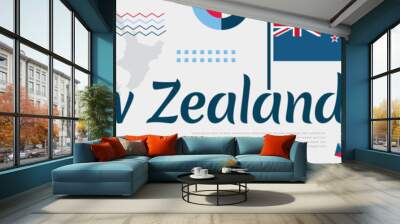 New Zealand day banner with map and flag, flag color theme background and abstract geometric design in red and blue colors. New Zealand independence day theme. White background Vector illustration Wall mural