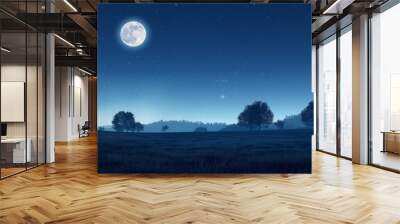 A bright full moon illuminating a peaceful field with trees, a clear starry night sky, and rolling hills in the distance. Wall mural