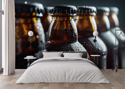 A close and detailed view of several beer bottle caps glistening with water droplets, symbolizing freshness Wall mural