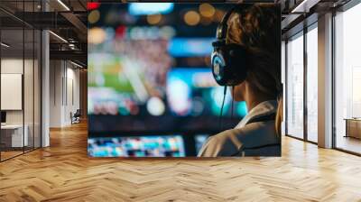 A focused female sports broadcast producer oversees a live sports event, wearing headphones and monitoring various screens Wall mural