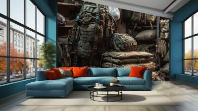 A highly detailed image portraying various military tactical gear and bags arranged for display Wall mural