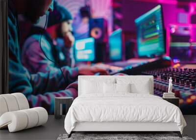 A music producer in a vibrant studio adjusts levels on a mixing console with computer screens and equipment in the background Wall mural