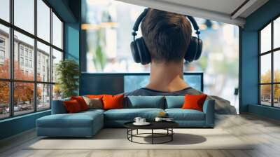 A person with short hair wearing headphones working on a computer, viewed from the back, in a modern office setting with greenery. Wall mural