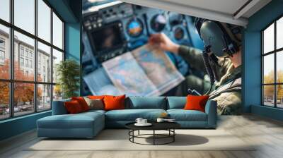 A pilot in military gear, inside a cockpit, attentively examining a large map. The dashboard is filled with varied instrumentation and gadgets. Wall mural