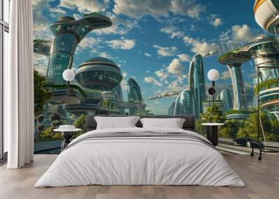 A utopian vision of future cities with eco-friendly skyscrapers and lush greenery, showcasing a harmonious blend of technology and nature Wall mural