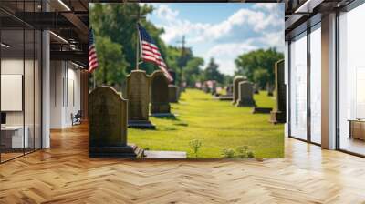 A wide-angle view of a cemetery filled with American flags next to headstones, honoring military service members in a peaceful, sunlit setting. Wall mural