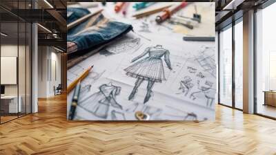 Detailed sketch of a dress surrounded by drawing materials and denim jacket, showcasing the fashion design process Wall mural