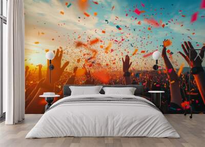 Festival atmosphere with uplifted hands and colorful confetti falling in the sky during sunrise or sunset Wall mural