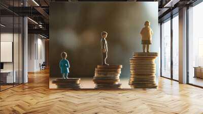 Graduated coin stacks and toy figures in various sizes depict financial growth stages and personal wealth development Wall mural