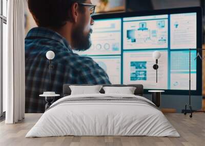 Person examining a detailed website prototype on a large desktop monitor, preparing for user interface and experience testing and improvements. Wall mural