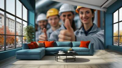 Several industrial workers in grey uniforms and helmets giving a thumbs up in a factory setting, emphasizing safety and teamwork. Wall mural