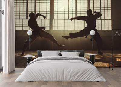 The dramatic backlight creates strong silhouettes of two individuals engaged in martial arts practice in a spacious room Wall mural