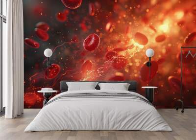 This striking image captures vibrant red blood cells illuminated with a radiant glow, conveying a sense of energy and life at a microscopic level Wall mural