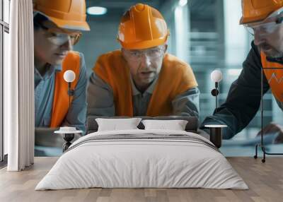 Three construction workers wearing safety helmets and vests are reviewing blueprints together at a table in an office environment. Wall mural