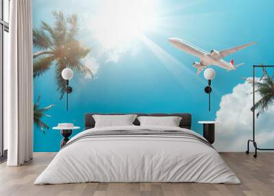  Blue sky with coconut trees, The airplane is going to the tropical sea beach. for sightseeing and relaxing in the summer holidays. Wall mural