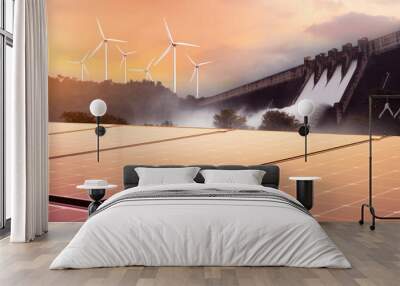 Electricity from solar panels, dams, and wind turbines. Environmentally-friendly renewable energy concept. Wall mural