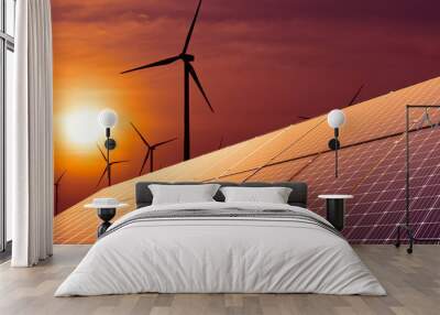 Photovoltaic solar panels with wind turbine and sunset.clean energy. Energy supply, wind turbine,eolic turbine, distribution of energy,Powerplant,energy transmission,high voltage supply concept Wall mural