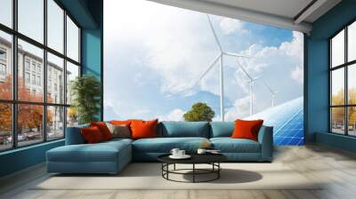 wind turbine farm, Solar panel and smart city in the background. renewable energy. sustainable and environmentally friendly.3D rendering Wall mural