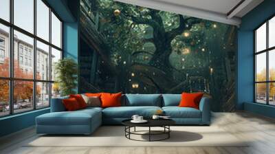 A large, mystical tree with glowing orbs inside an old library, surrounded by books and spiraling staircases illuminated by soft light. Wall mural