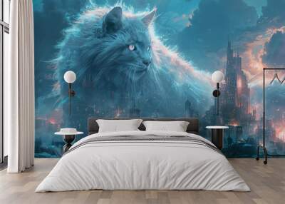 A majestic, giant cat with glowing fur, demolishing a mystical city with enchanted towers, Fantasy, Soft pastel colors, Digital art Wall mural