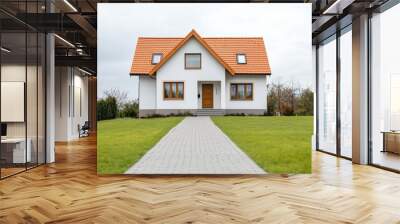 Modern House with Orange Roof and Green Lawn Wall mural