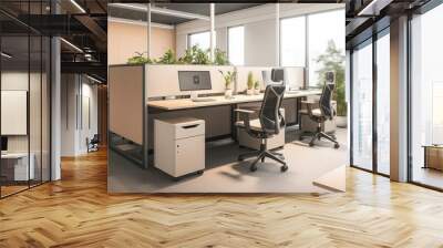 Modern office workspace with greenery and natural light Wall mural