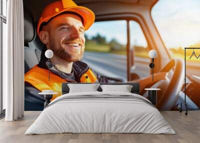 Smiling Driver in Industrial Vehicle on Open Road Wall mural