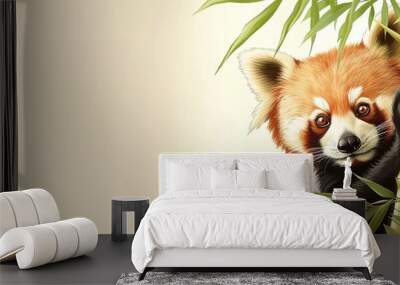  A curious panda or red panda peeks out from behind a bamboo stalk with copy space for text. Wall mural