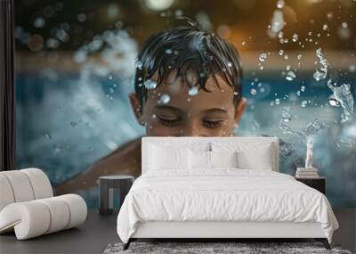 A young boy is splashing in a pool, smiling and enjoying himself Wall mural