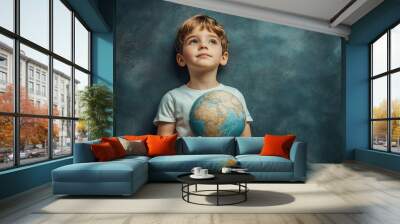 A young boy sits in front of a large world map, with copy space for text . Wall mural