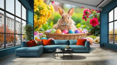 Cute Rabbit in Basket with Easter Eggs and Flowers - Perfect Spring Decoration for Easter Celebrations Wall mural