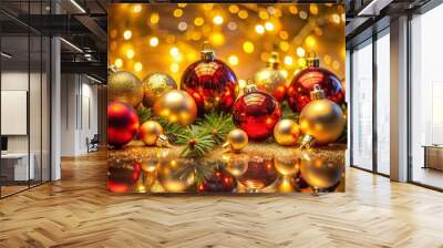 Enchanting Double Exposure of Christmas Decorations on a Shimmering Golden Surface Wall mural